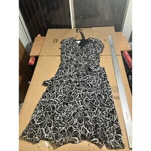 Talbots Pure Silk Black Floral Midi Dress, Surplice Front Belt, Petites Size‎ 12